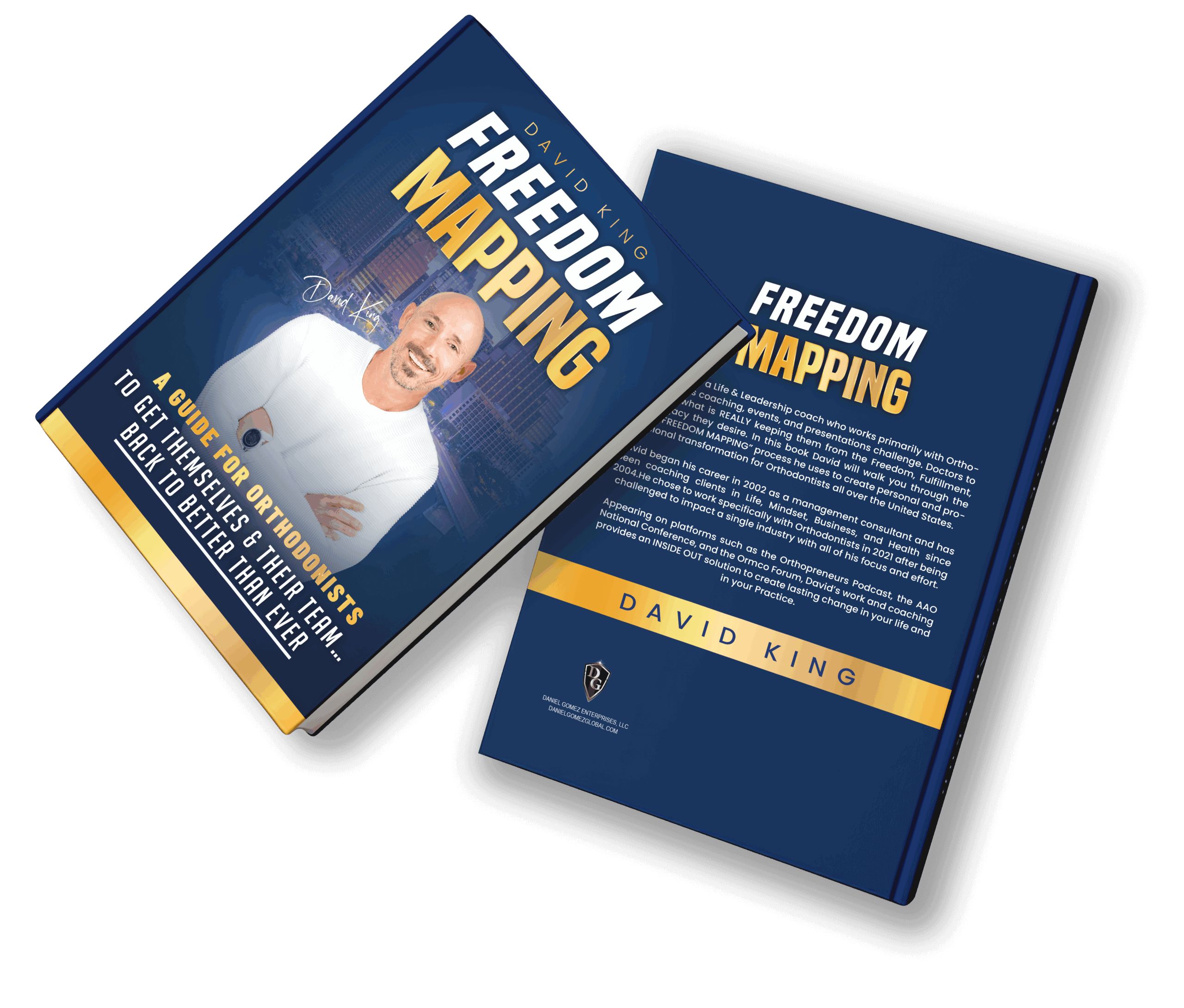 OrthoHeaven Two copies of the book "Freedom Mapping" by David King are shown, one with the front cover featuring the author’s photo and an OrthoHeaven logo, and the other displaying the back cover with a summary. Freedom Mapping