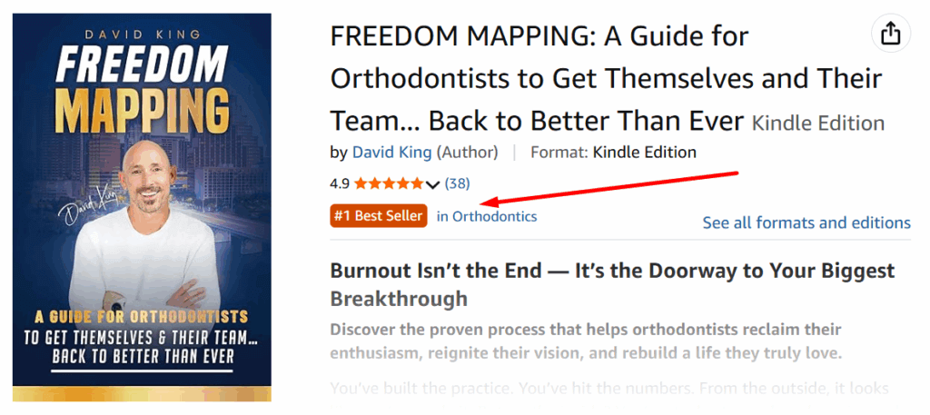 OrthoHeaven Cover of the book "FREEDOM MAPPING" by David King on Amazon, featuring its #1 Best Seller badge in Orthodontics, a 4.9-star rating from 38 reviews, and praised by the OrthoHeaven community. Freedom Mapping