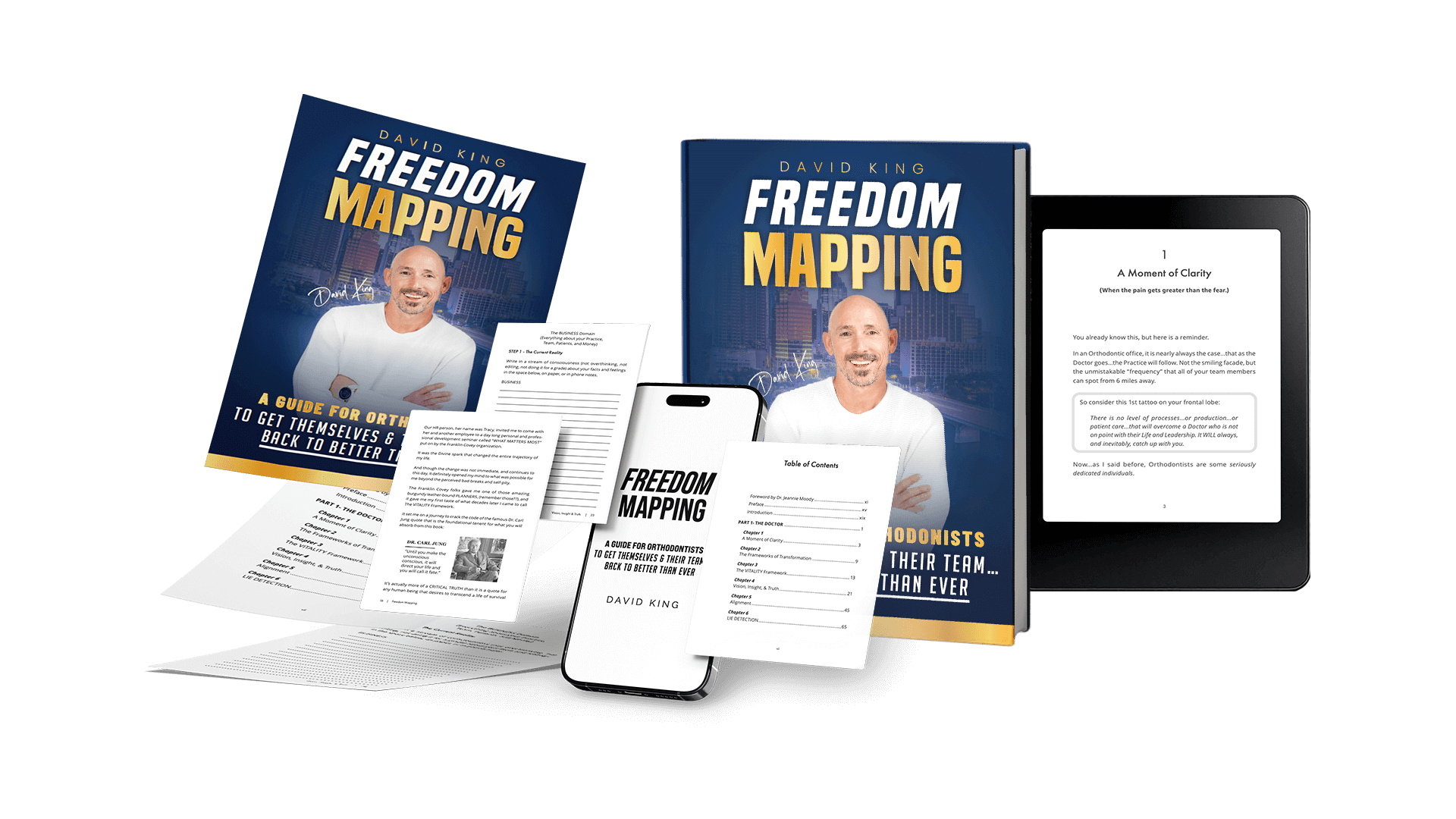 OrthoHeaven A collection of "Freedom Mapping" materials by OrthoHeaven, including a book, poster, printed documents, a smartphone, and a tablet displaying digital text—all featuring the same branding. Freedom Mapping