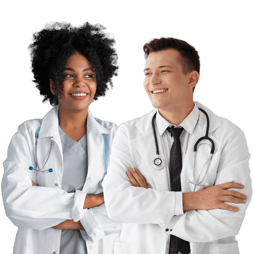 OrthoHeaven Two doctors standing side by side with arms crossed, wearing white coats and stethoscopes, smiling at each other—showcasing the trusted expertise of OrthoHeaven. Freedom Mapping