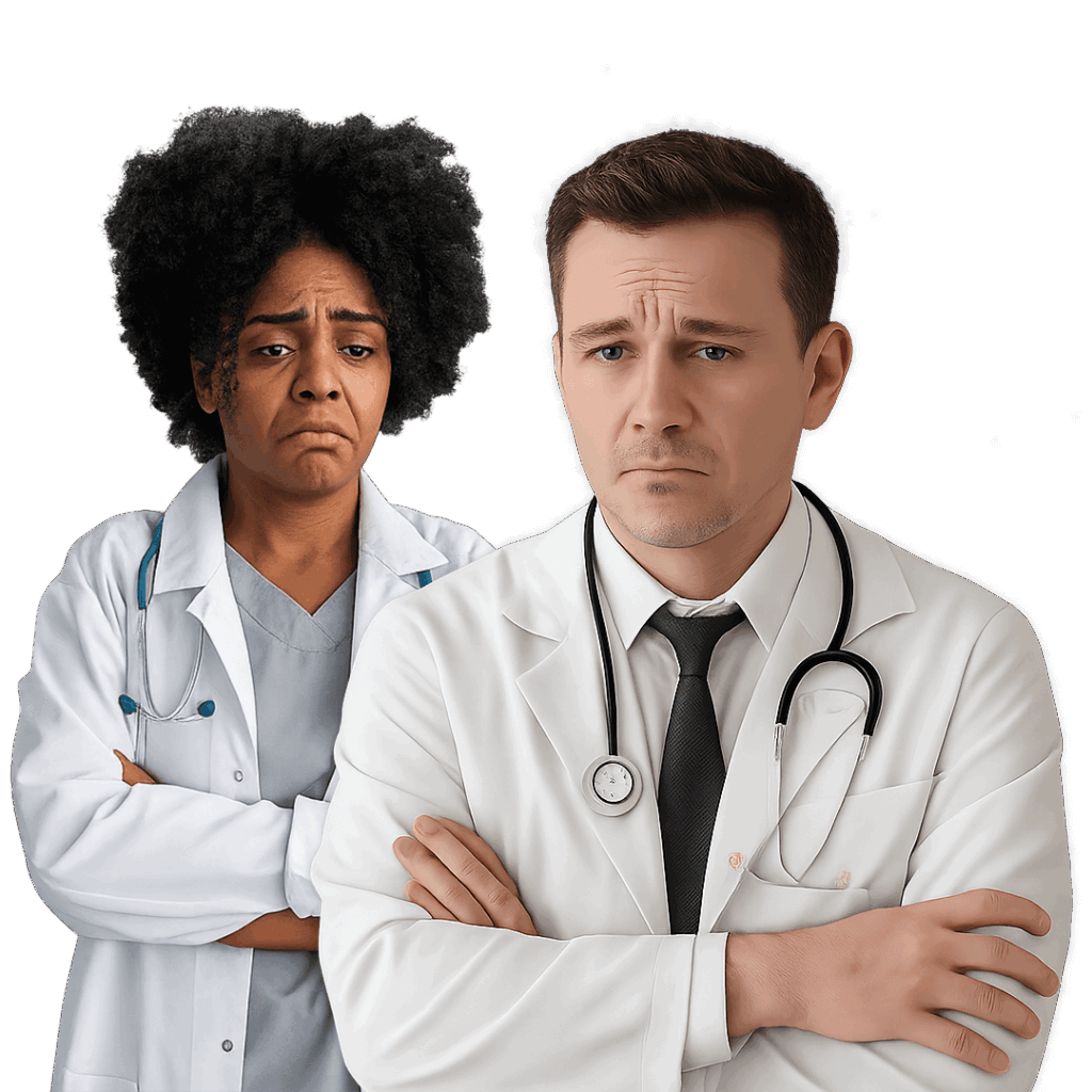 OrthoHeaven Two doctors, one woman and one man, stand with arms crossed and concerned expressions, both wearing white lab coats and stethoscopes against a plain background—ready to offer expert care at OrthoHeaven. Freedom Mapping